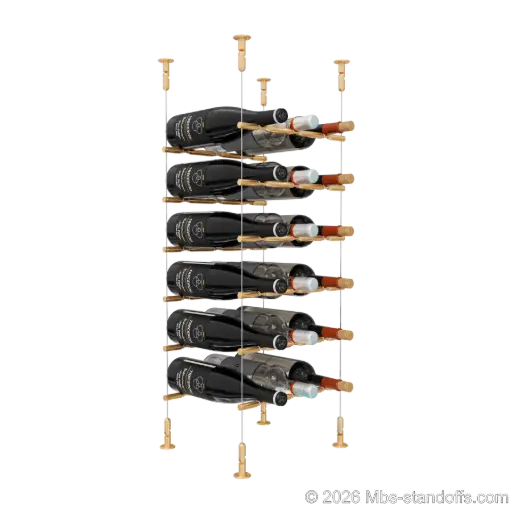 [CS15BR-PCWR3050BR-K6] Merlot - Washington Collection Bottle Display Peg Kit With "O" Ring, 18-Bottle (3x6) Capacity, Floating Cable System, Pegs: 1/2″ × 11-1/2" with Champagne Anodized Finish