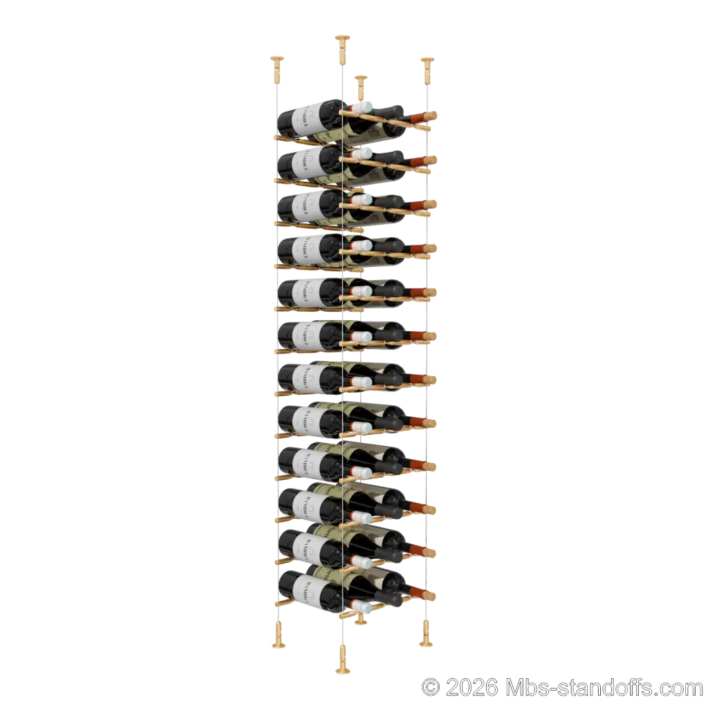 Merlot - Washington Collection Bottle Display Peg Kit With "O" Ring, 36-Bottle (3x12) Capacity, Floating Cable System, Pegs: 1/2″ × 11-1/2" with Champagne Anodized Finish