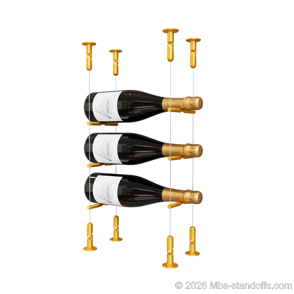 Merlot - Washington Collection Bottle Display Peg Kit, 3-Bottle Capacity, Floating Cable System, Pegs: 1/2″ × 6" with Gold Anodized Finish
