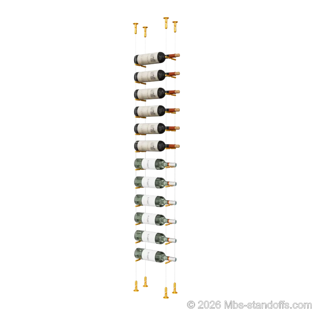Merlot - Washington Collection Bottle Display Peg Kit, 12-Bottle Capacity, Floating Cable System, Pegs: 1/2″ × 6" with Gold Anodized Finish