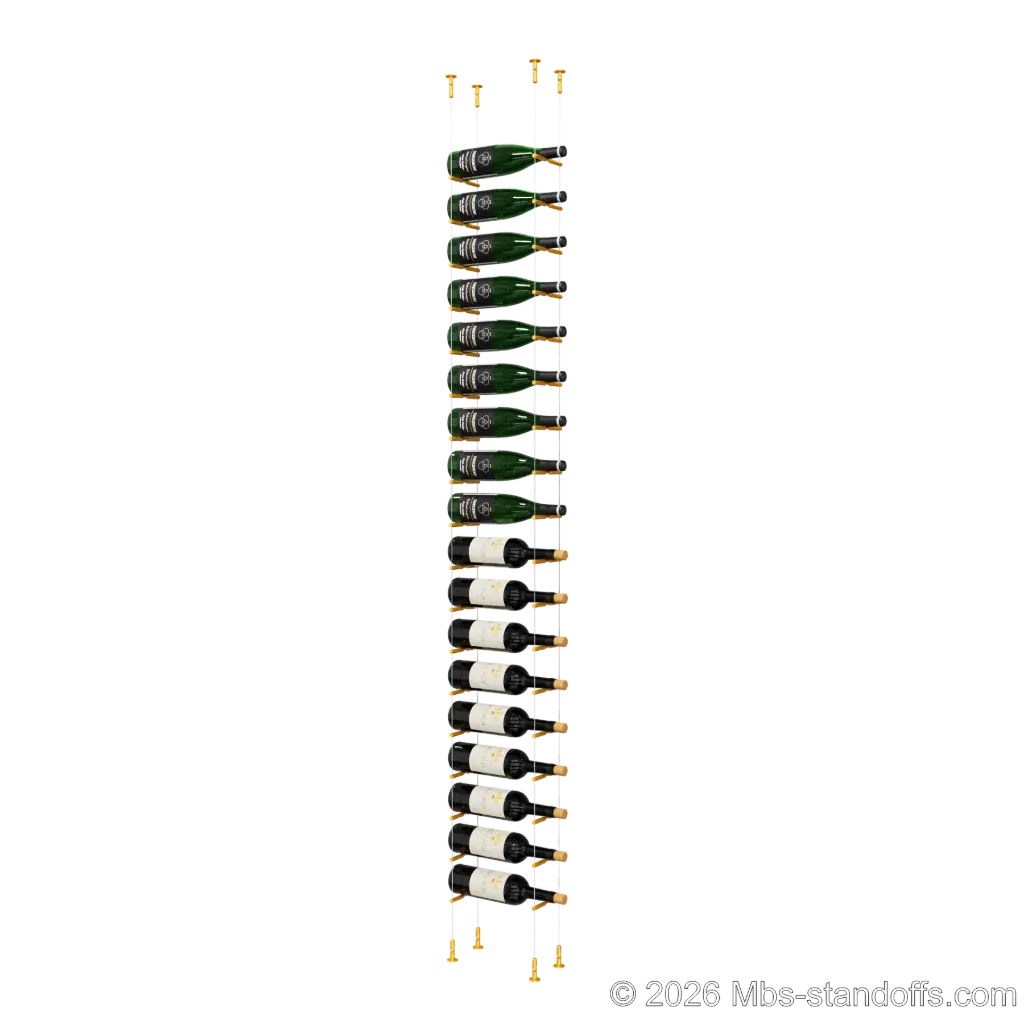 Merlot - Washington Collection Bottle Display Peg Kit, 18-Bottle Capacity, Floating Cable System, Pegs: 1/2″ × 6" with Gold Anodized Finish