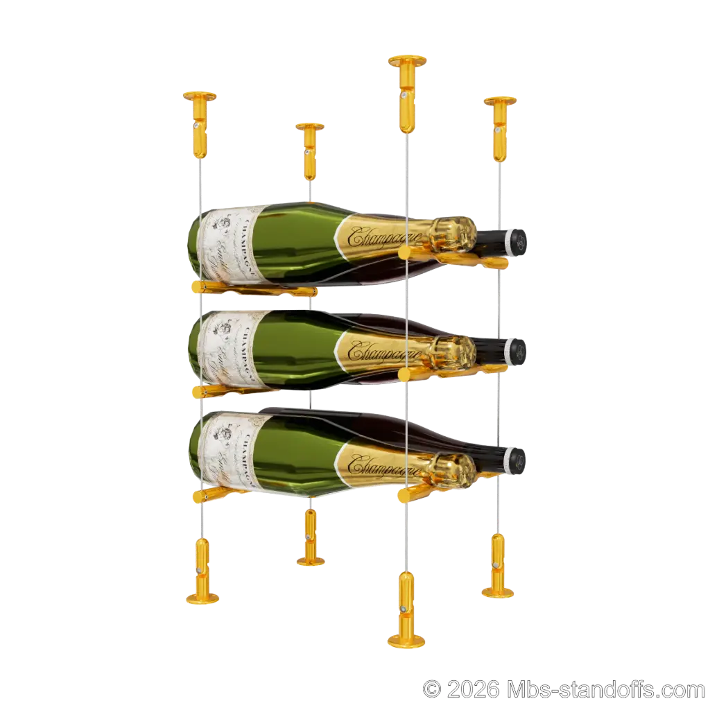 Merlot - Washington Collection Bottle Display Peg Kit, 6-Bottle (2x3) Capacity, Floating Cable System, Pegs: 1/2″ × 7-1/2" with Gold Anodized Finish