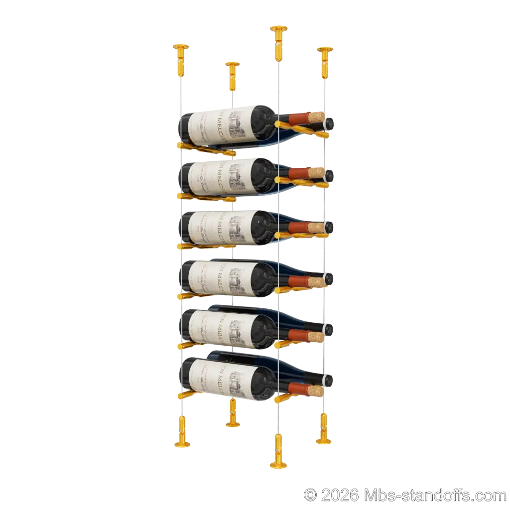 Merlot - Washington Collection Bottle Display Peg Kit, 12-Bottle (2x6) Capacity, Floating Cable System, Pegs: 1/2″ × 7-1/2" with Gold Anodized Finish