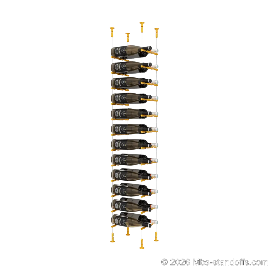Merlot - Washington Collection Bottle Display Peg Kit, 24-Bottle (2x12) Capacity, Floating Cable System, Pegs: 1/2″ × 7-1/2" with Gold Anodized Finish