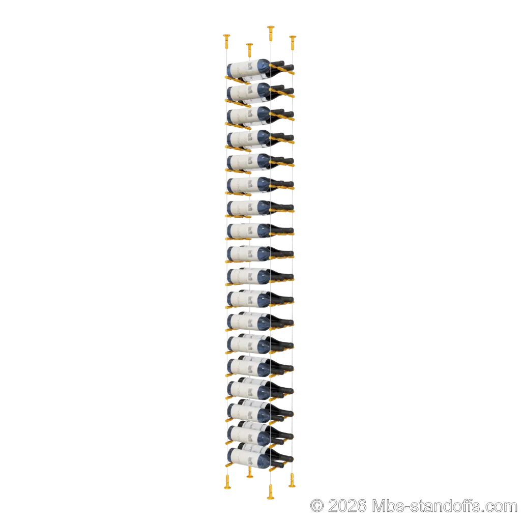 Merlot - Washington Collection Bottle Display Peg Kit, 36-Bottle (2x18) Capacity, Floating Cable System, Pegs: 1/2″ × 7-1/2" with Gold Anodized Finish