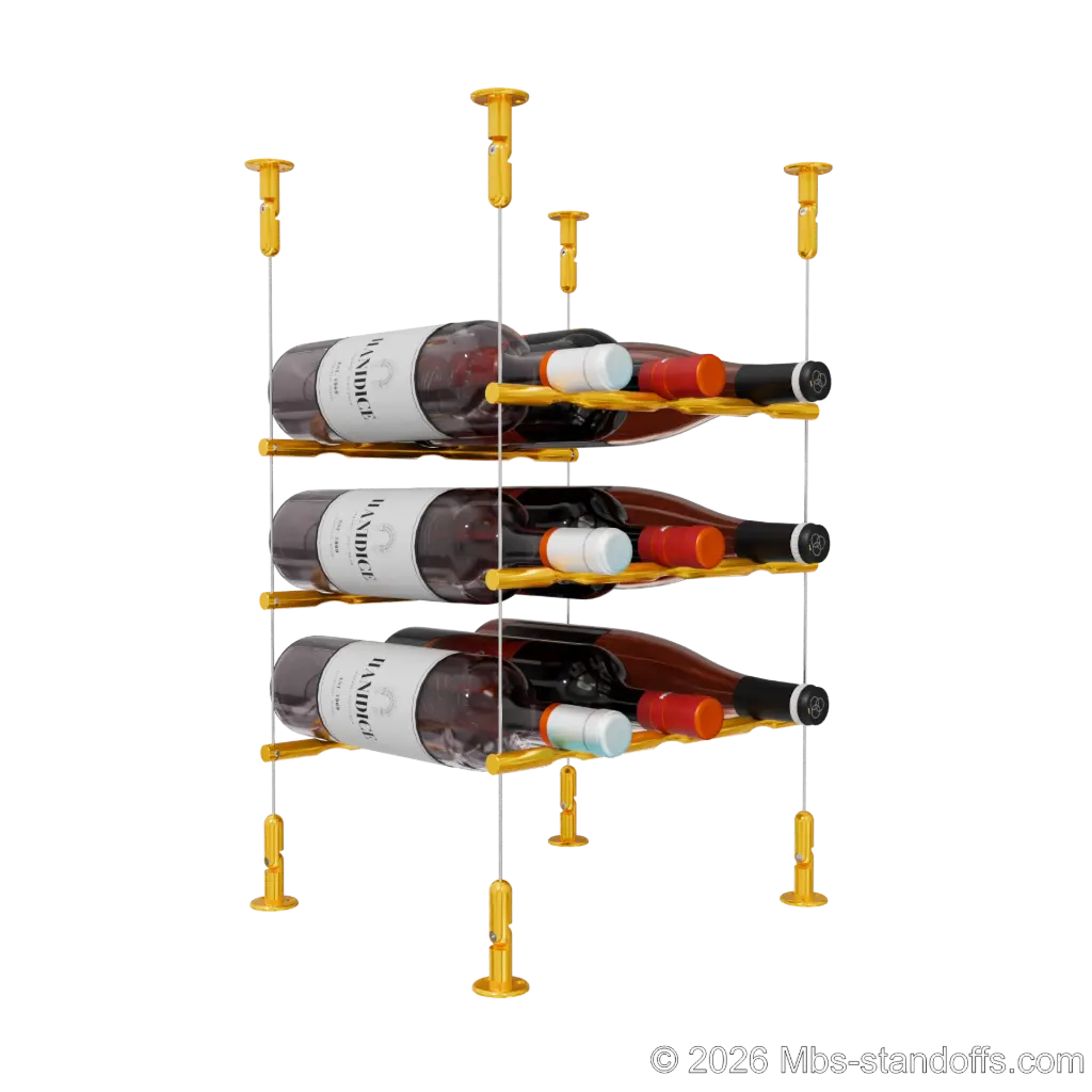 Merlot - Washington Collection Bottle Display Peg Kit, 9-Bottle (3x3) Capacity, Floating Cable System, Pegs: 1/2″ × 11-1/2" with Gold Anodized Finish