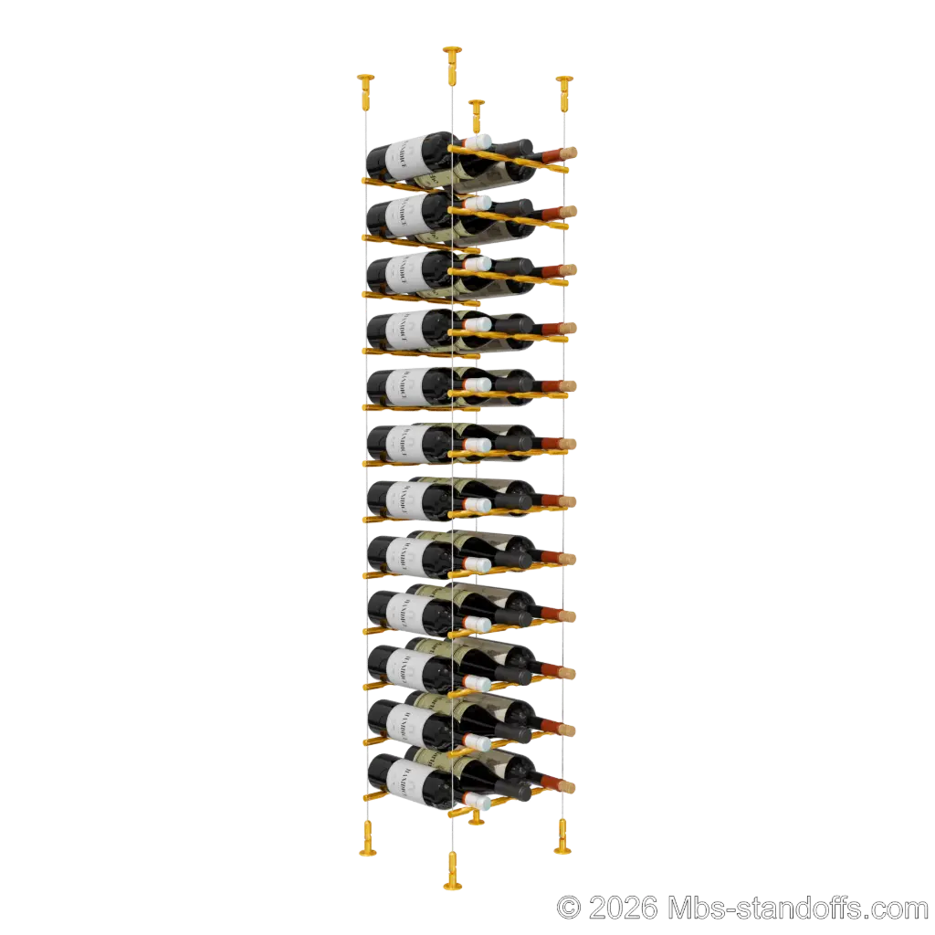 Merlot - Washington Collection Bottle Display Peg Kit, 36-Bottle (3x12) Capacity, Floating Cable System, Pegs: 1/2″ × 11-1/2" with Gold Anodized Finish