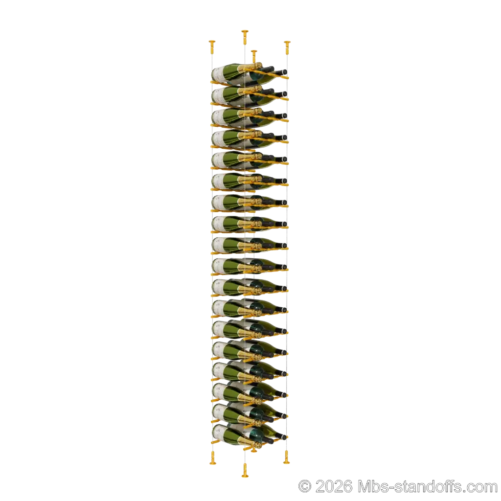 Merlot - Washington Collection Bottle Display Peg Kit, 54-Bottle (3x18) Capacity, Floating Cable System, Pegs: 1/2″ × 11-1/2" with Gold Anodized Finish