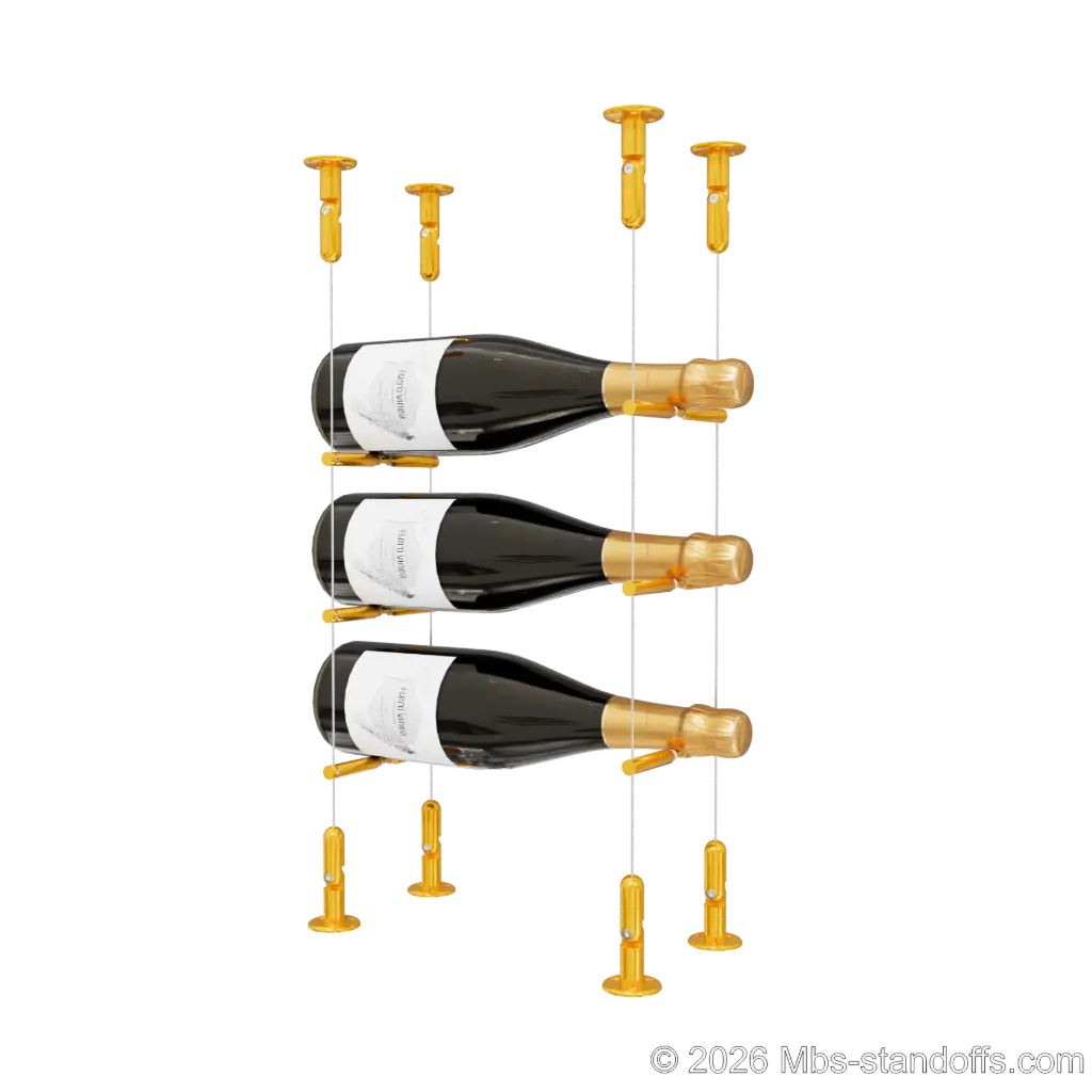 Merlot - Washington Collection Bottle Display Peg Kit With "O" Ring, 3-Bottle Capacity, Floating Cable System, Pegs: 1/2″ × 6" with Gold Anodized Finish
