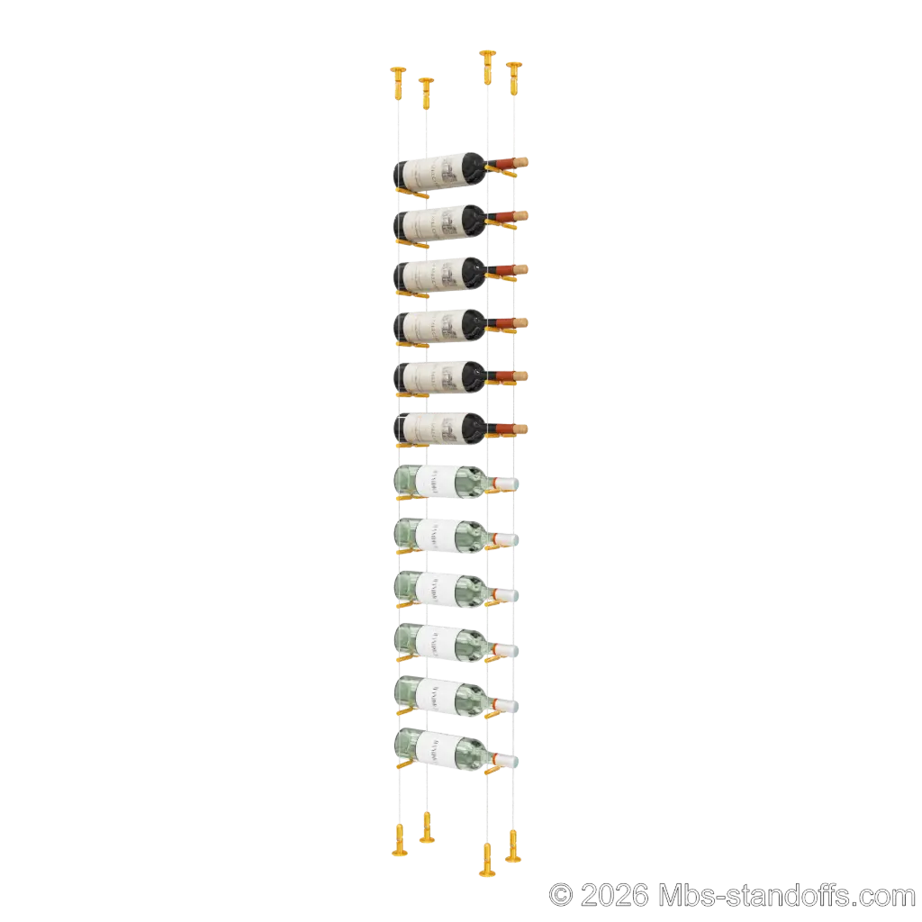 Merlot - Washington Collection Bottle Display Peg Kit With "O" Ring, 12-Bottle Capacity, Floating Cable System, Pegs: 1/2″ × 6" with Gold Anodized Finish