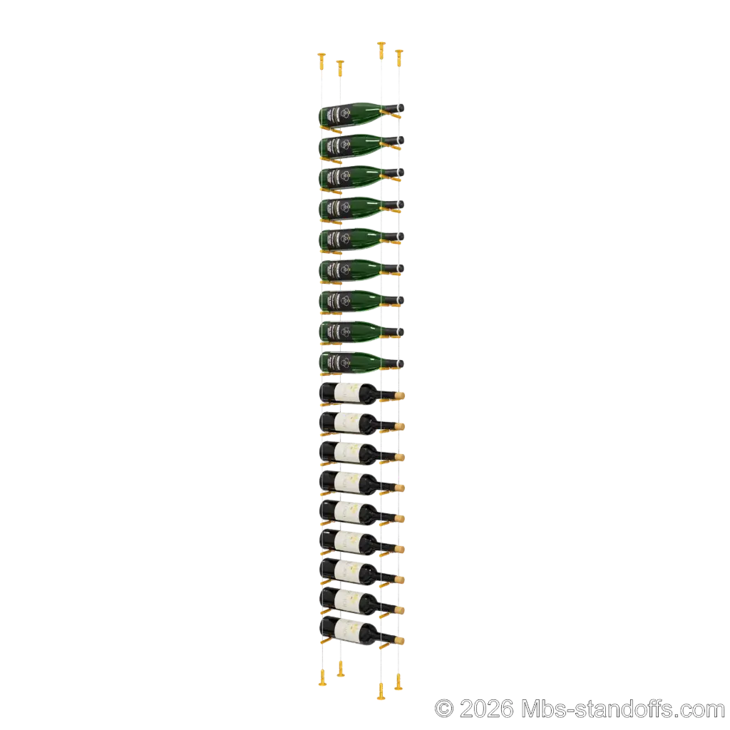 Merlot - Washington Collection Bottle Display Peg Kit With "O" Ring, 18-Bottle Capacity, Floating Cable System, Pegs: 1/2″ × 6" with Gold Anodized Finish