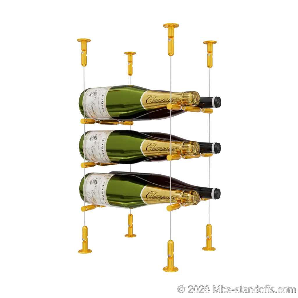 Merlot - Washington Collection Bottle Display Peg Kit With "O" Ring, 6-Bottle (2x3) Capacity, Floating Cable System, Pegs: 1/2″ × 7-1/2" with Gold Anodized Finish