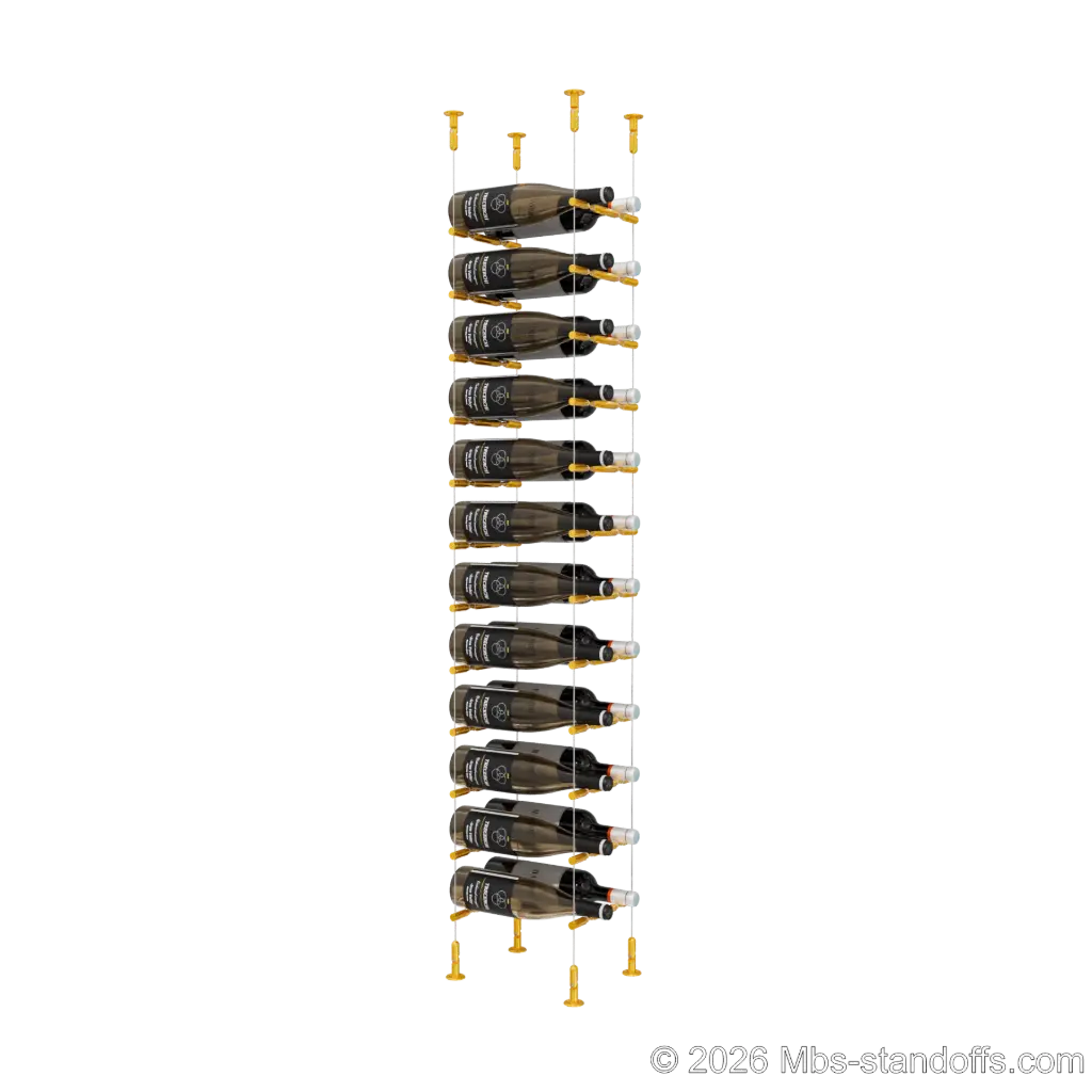 Merlot - Washington Collection Bottle Display Peg Kit With "O" Ring, 24-Bottle (2x12) Capacity, Floating Cable System, Pegs: 1/2″ × 7-1/2" with Gold Anodized Finish