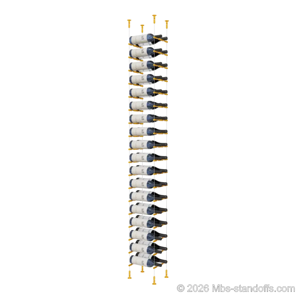 Merlot - Washington Collection Bottle Display Peg Kit With "O" Ring, 36-Bottle (2x18) Capacity, Floating Cable System, Pegs: 1/2″ × 7-1/2" with Gold Anodized Finish