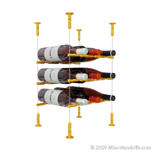 [CS15G-PCWR3050G-K3] Merlot - Washington Collection Bottle Display Peg Kit With "O" Ring, 9-Bottle (3x3) Capacity, Floating Cable System, Pegs: 1/2″ × 11-1/2" with Gold Anodized Finish