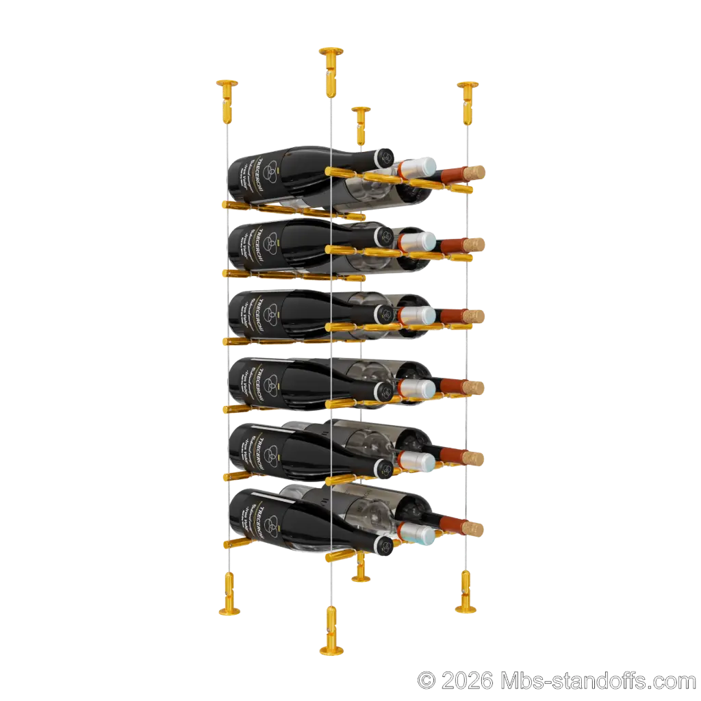 Merlot - Washington Collection Bottle Display Peg Kit With "O" Ring, 18-Bottle (3x6) Capacity, Floating Cable System, Pegs: 1/2″ × 11-1/2" with Gold Anodized Finish