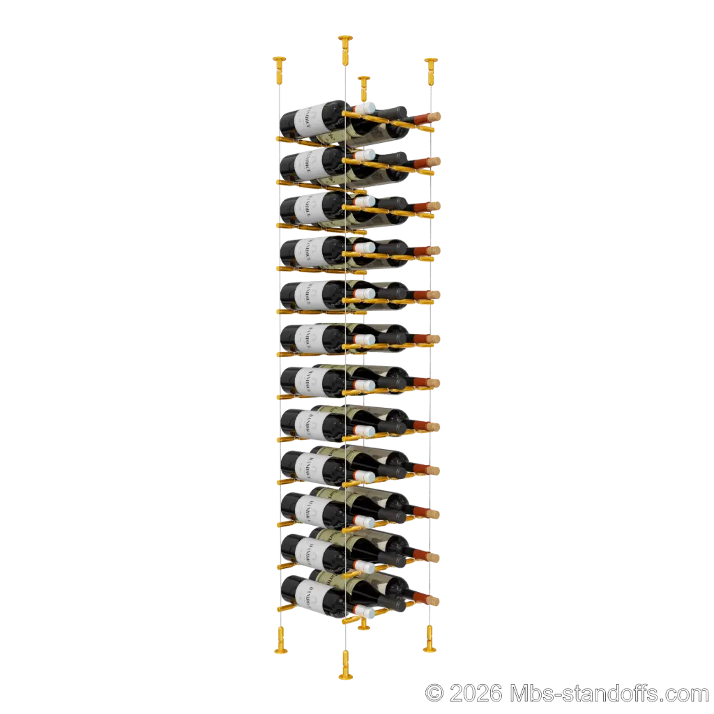Merlot - Washington Collection Bottle Display Peg Kit With "O" Ring, 36-Bottle (3x12) Capacity, Floating Cable System, Pegs: 1/2″ × 11-1/2" with Gold Anodized Finish