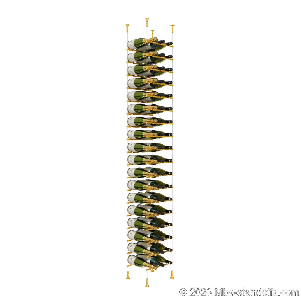 Merlot - Washington Collection Bottle Display Peg Kit With "O" Ring, 54-Bottle (3x18) Capacity, Floating Cable System, Pegs: 1/2″ × 11-1/2" with Gold Anodized Finish