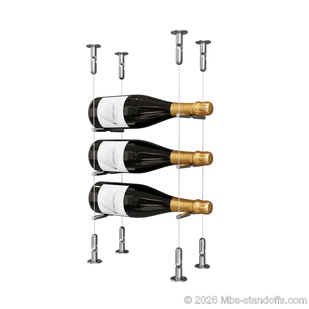 Merlot - Washington Collection Bottle Display Peg Kit, 3-Bottle Capacity, Floating Cable System, Pegs: 1/2″ × 6" with Chrome Mirror Finish
