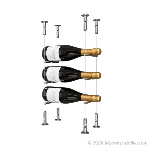 [CS15CP-PCW1050CP-K3] Merlot - Washington Collection Bottle Display Peg Kit, 3-Bottle Capacity, Floating Cable System, Pegs: 1/2″ × 6" with Chrome Mirror Finish