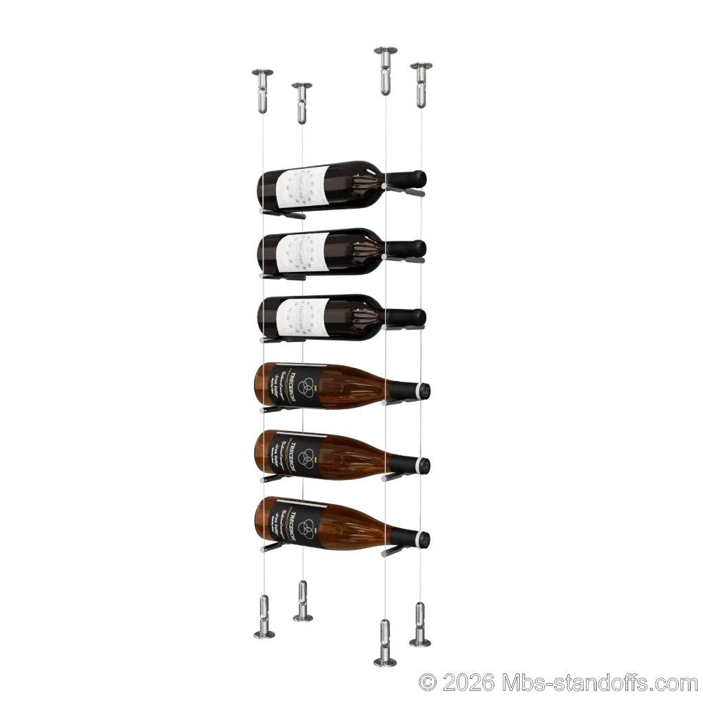 Merlot - Washington Collection Bottle Display Peg Kit, 6-Bottle Capacity, Floating Cable System, Pegs: 1/2″ × 6" with Chrome Mirror Finish
