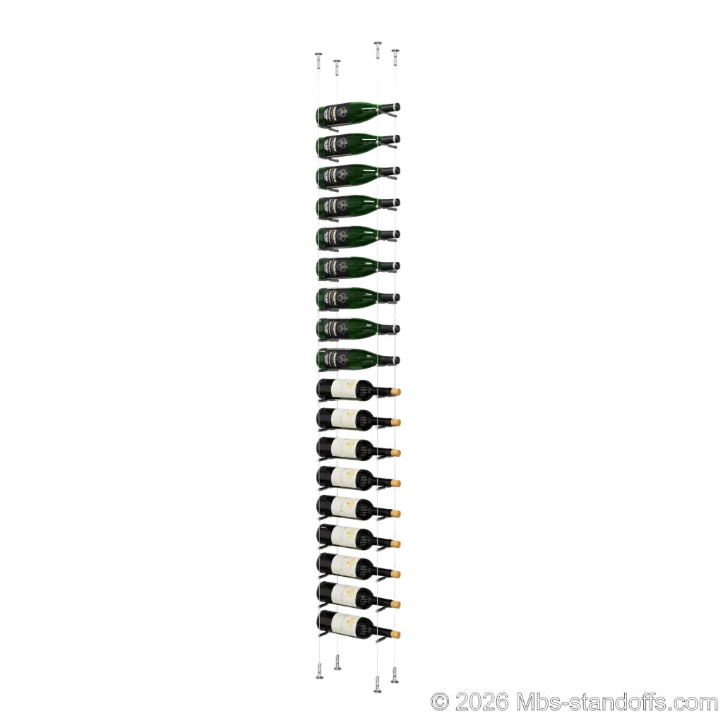 Merlot - Washington Collection Bottle Display Peg Kit, 18-Bottle Capacity, Floating Cable System, Pegs: 1/2″ × 6" with Chrome Mirror Finish