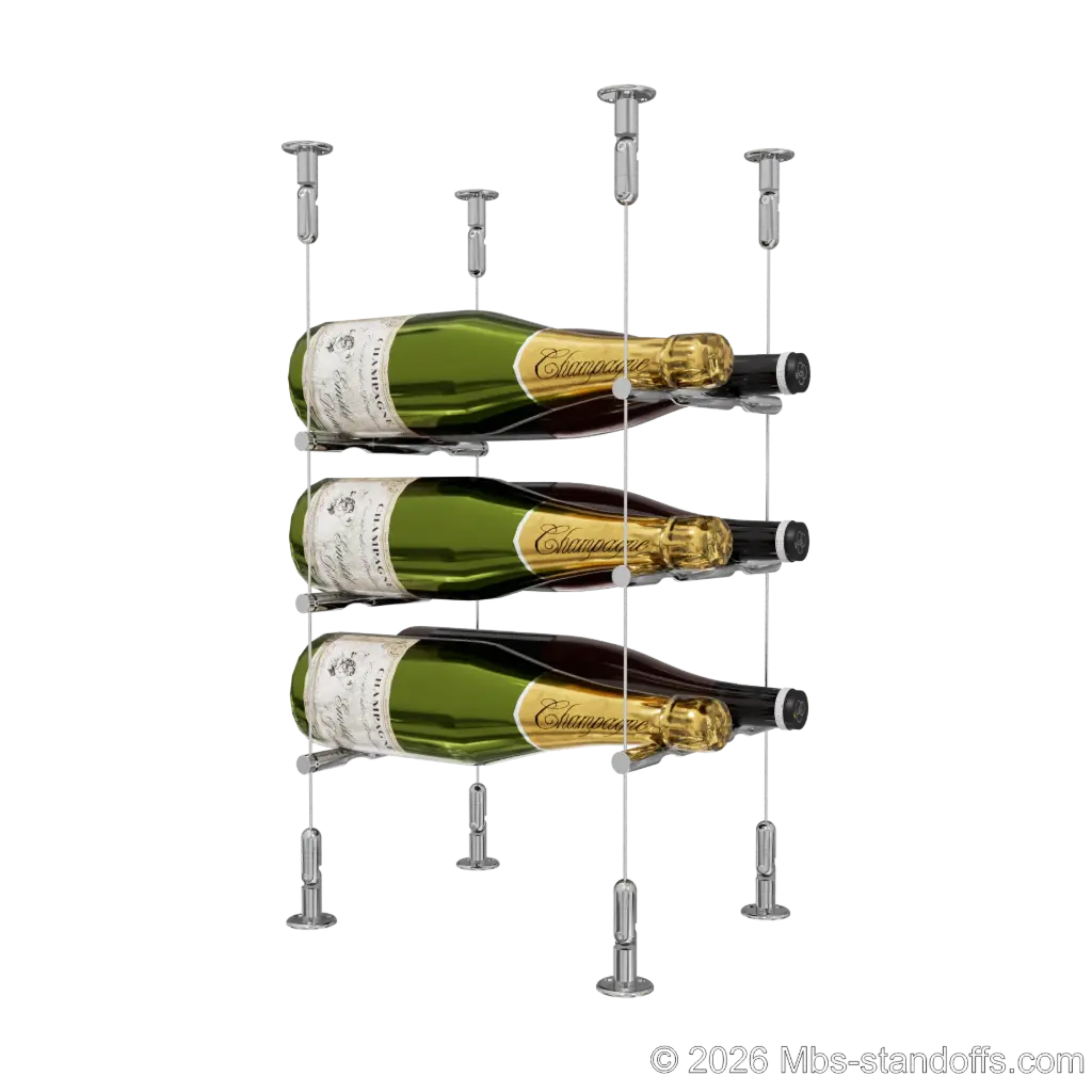 Merlot - Washington Collection Bottle Display Peg Kit, 6-Bottle (2x3) Capacity, Floating Cable System, Pegs: 1/2″ × 7-1/2" with Chrome Mirror Finish