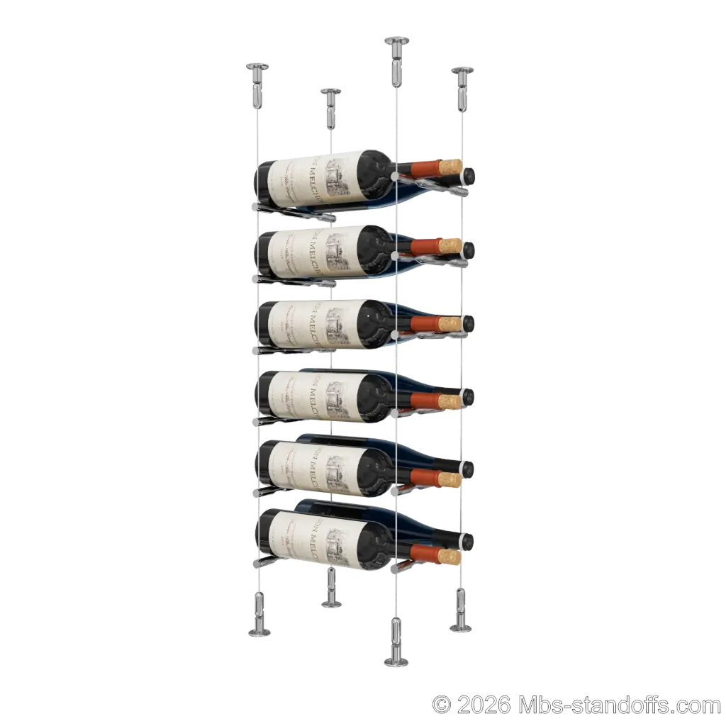 Merlot - Washington Collection Bottle Display Peg Kit, 12-Bottle (2x6) Capacity, Floating Cable System, Pegs: 1/2″ × 7-1/2" with Chrome Mirror Finish