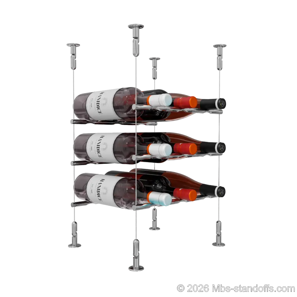 Merlot - Washington Collection Bottle Display Peg Kit, 9-Bottle (3x3) Capacity, Floating Cable System, Pegs: 1/2″ × 11-1/2" with Chrome Mirror Finish