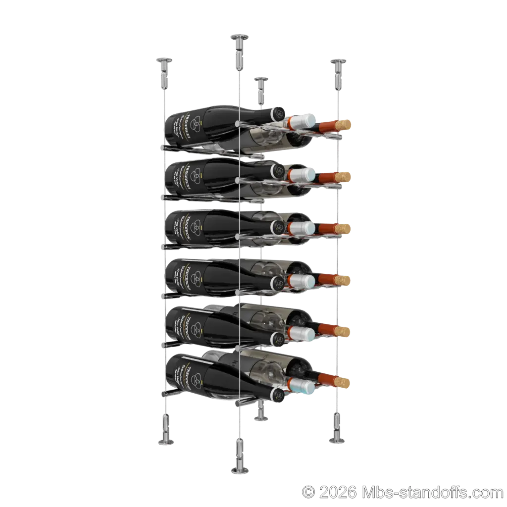 Merlot - Washington Collection Bottle Display Peg Kit, 18-Bottle (3x6) Capacity, Floating Cable System, Pegs: 1/2″ × 11-1/2" with Chrome Mirror Finish