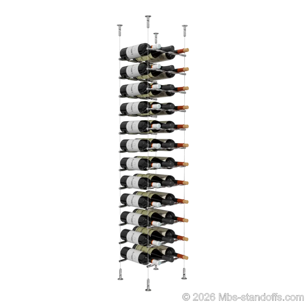 Merlot - Washington Collection Bottle Display Peg Kit, 36-Bottle (3x12) Capacity, Floating Cable System, Pegs: 1/2″ × 11-1/2" with Chrome Mirror Finish