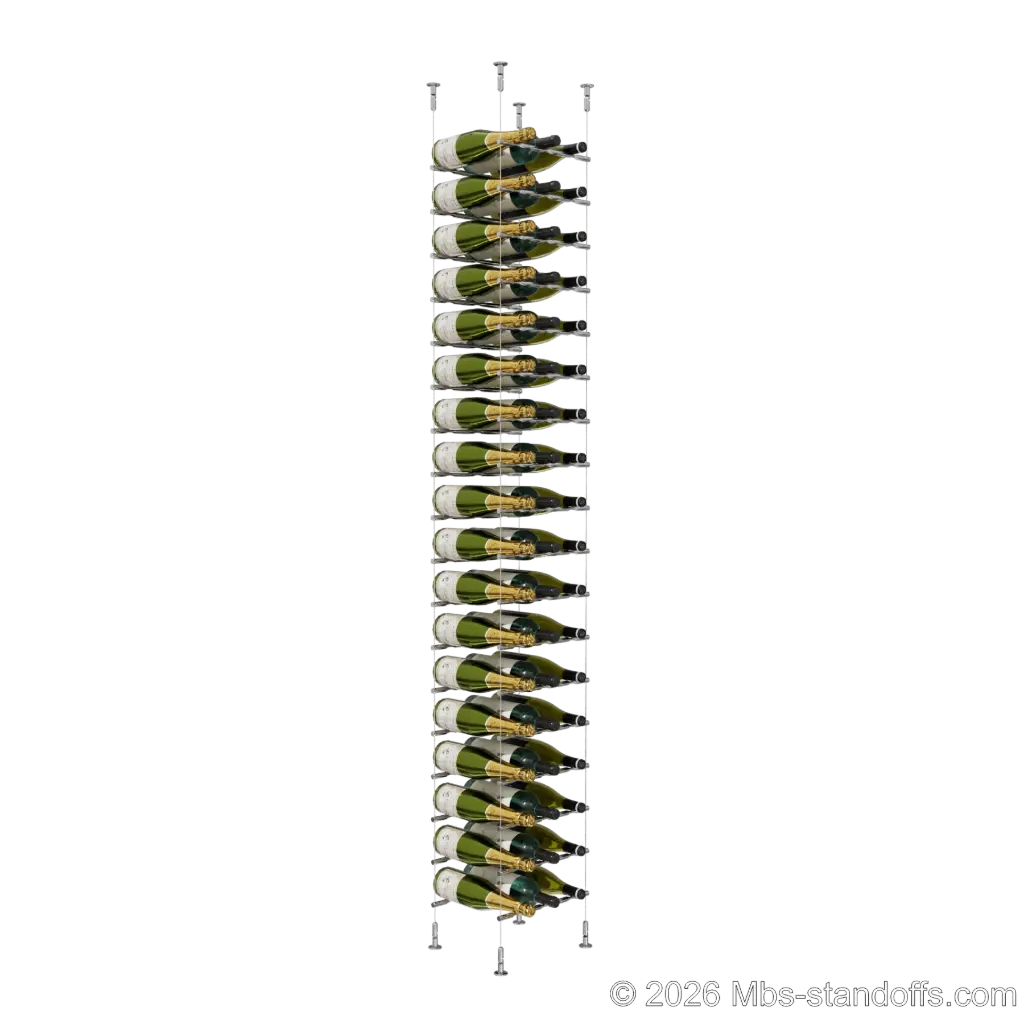 Merlot - Washington Collection Bottle Display Peg Kit, 54-Bottle (3x18) Capacity, Floating Cable System, Pegs: 1/2″ × 11-1/2" with Chrome Mirror Finish