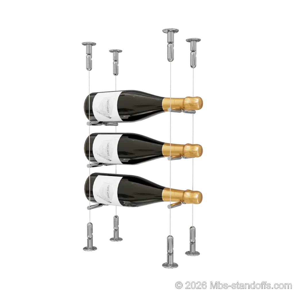 Merlot - Washington Collection Bottle Display Peg Kit With "O" Ring, 3-Bottle Capacity, Floating Cable System, Pegs: 1/2″ × 6" with Chrome Mirror Finish