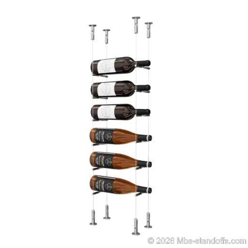 [CS15CP-PCWR1050CP-K6] Merlot - Washington Collection Bottle Display Peg Kit With "O" Ring, 6-Bottle Capacity, Floating Cable System, Pegs: 1/2″ × 6" with Chrome Mirror Finish