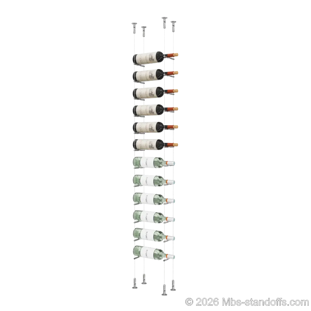 Merlot - Washington Collection Bottle Display Peg Kit With "O" Ring, 12-Bottle Capacity, Floating Cable System, Pegs: 1/2″ × 6" with Chrome Mirror Finish