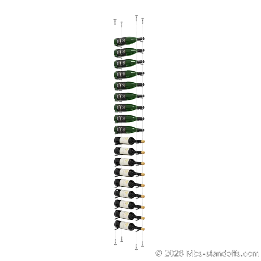 Merlot - Washington Collection Bottle Display Peg Kit With "O" Ring, 18-Bottle Capacity, Floating Cable System, Pegs: 1/2″ × 6" with Chrome Mirror Finish