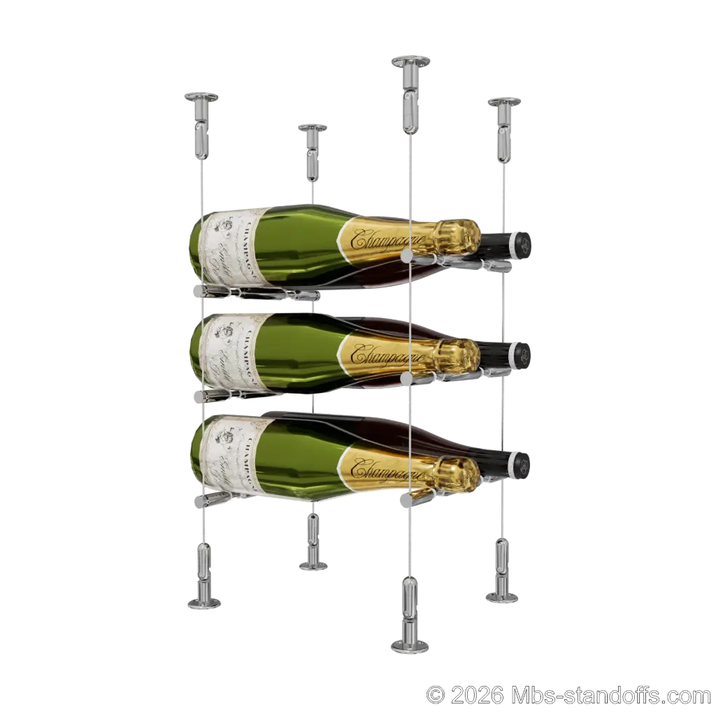 Merlot - Washington Collection Bottle Display Peg Kit With "O" Ring, 6-Bottle (2x3) Capacity, Floating Cable System, Pegs: 1/2″ × 7-1/2" with Chrome Mirror Finish