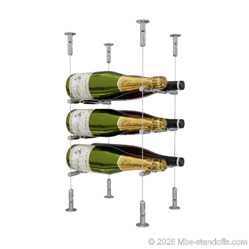 [CS15CP-PCWR2050CP-K3] Merlot - Washington Collection Bottle Display Peg Kit With "O" Ring, 6-Bottle (2x3) Capacity, Floating Cable System, Pegs: 1/2″ × 7-1/2" with Chrome Mirror Finish
