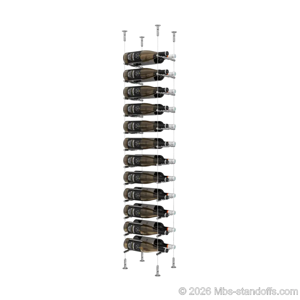 Merlot - Washington Collection Bottle Display Peg Kit With "O" Ring, 24-Bottle (2x12) Capacity, Floating Cable System, Pegs: 1/2″ × 7-1/2" with Chrome Mirror Finish