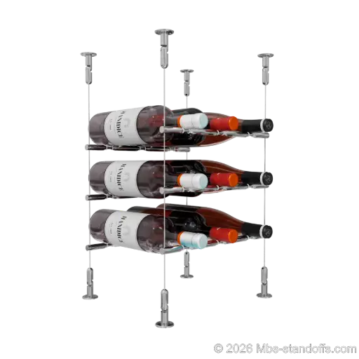 [CS15CP-PCWR3050CP-K3] Merlot - Washington Collection Bottle Display Peg Kit With "O" Ring, 9-Bottle (3x3) Capacity, Floating Cable System, Pegs: 1/2″ × 11-1/2" with Chrome Mirror Finish