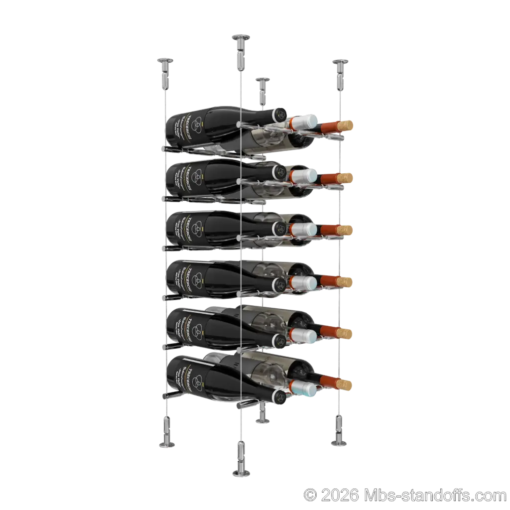 Merlot - Washington Collection Bottle Display Peg Kit With "O" Ring, 18-Bottle (3x6) Capacity, Floating Cable System, Pegs: 1/2″ × 11-1/2" with Chrome Mirror Finish