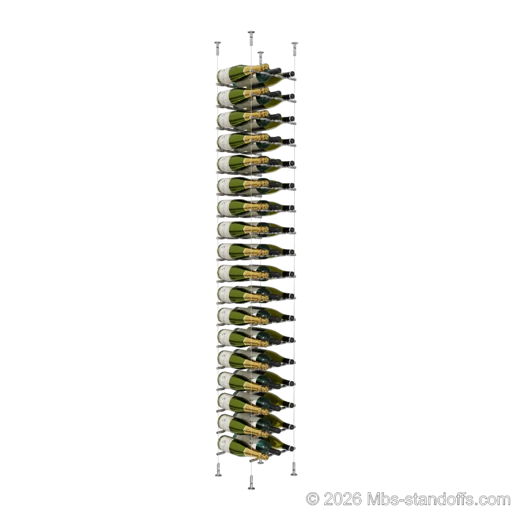 Merlot - Washington Collection Bottle Display Peg Kit With "O" Ring, 54-Bottle (3x18) Capacity, Floating Cable System, Pegs: 1/2″ × 11-1/2" with Chrome Mirror Finish