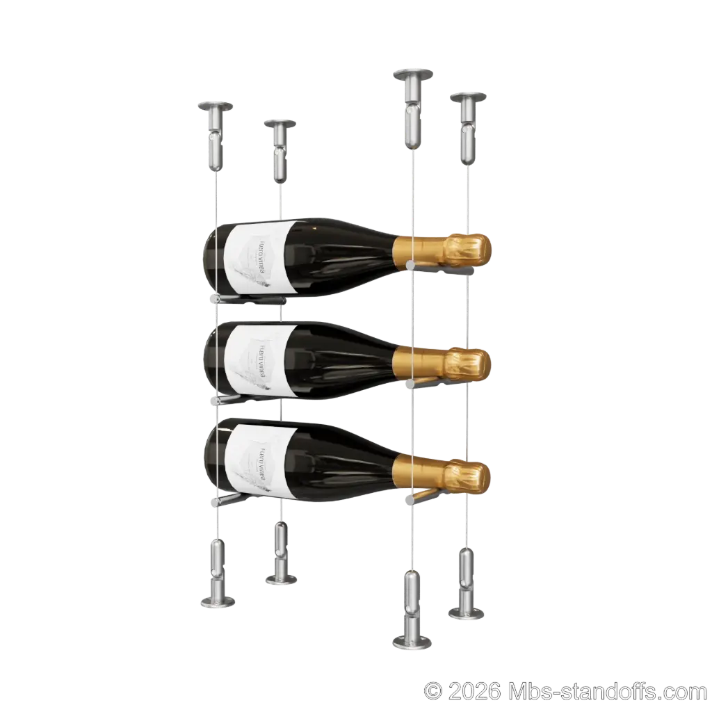 Merlot - Washington Collection Bottle Display Peg Kit, 3-Bottle Capacity, Floating Cable System, Pegs: 1/2″ × 6" with Satin Brushed Finish