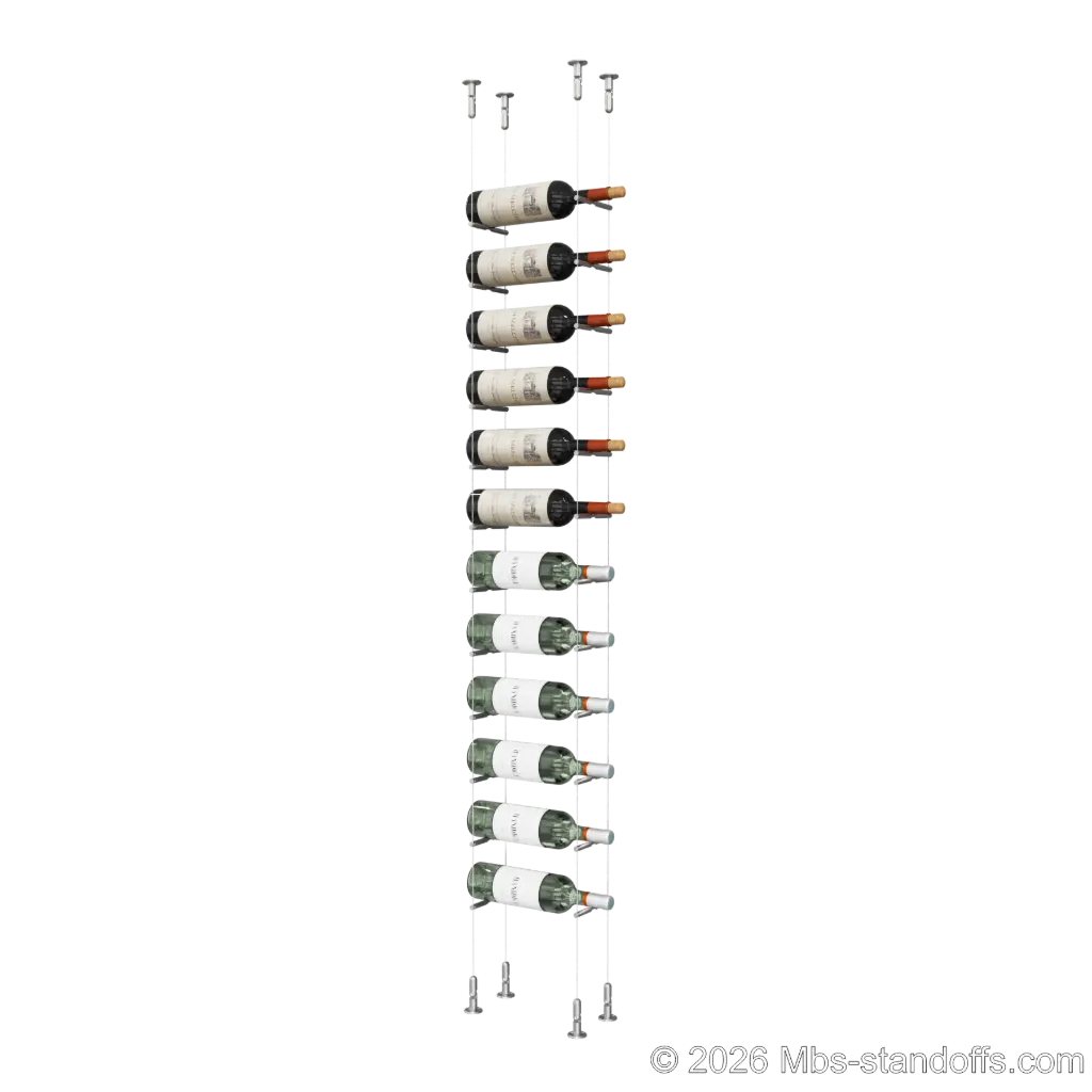 Merlot - Washington Collection Bottle Display Peg Kit, 12-Bottle Capacity, Floating Cable System, Pegs: 1/2″ × 6" with Satin Brushed Finish