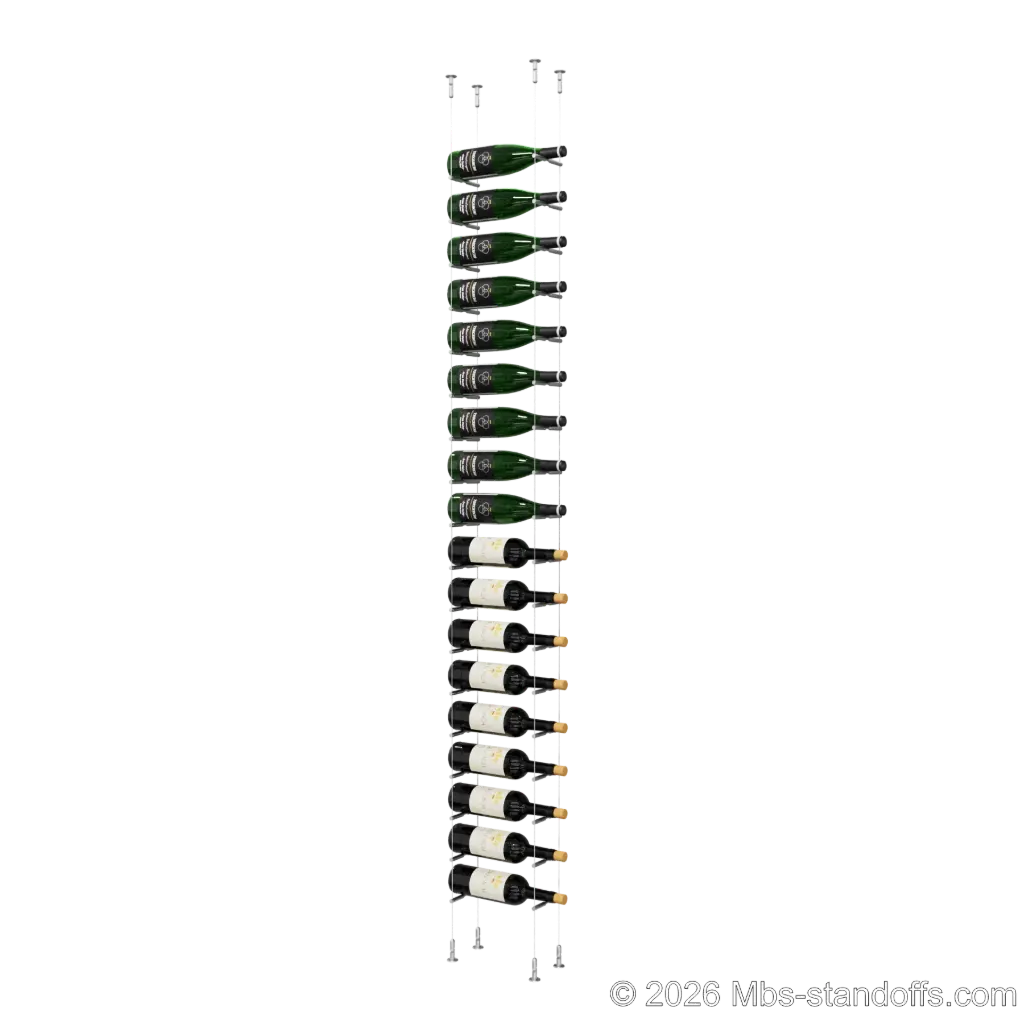 Merlot - Washington Collection Bottle Display Peg Kit, 18-Bottle Capacity, Floating Cable System, Pegs: 1/2″ × 6" with Satin Brushed Finish