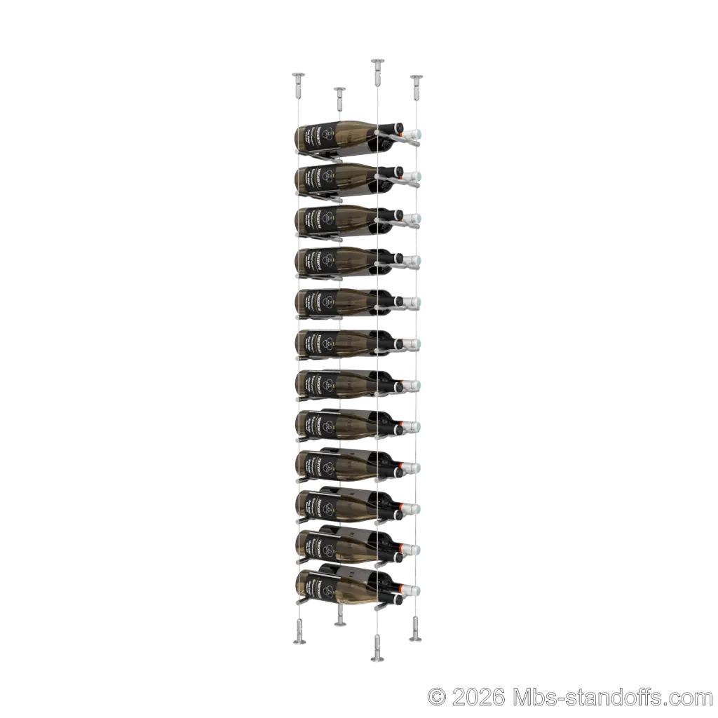 Merlot - Washington Collection Bottle Display Peg Kit, 24-Bottle (2x12) Capacity, Floating Cable System, Pegs: 1/2″ × 7-1/2" with Satin Brushed Finish
