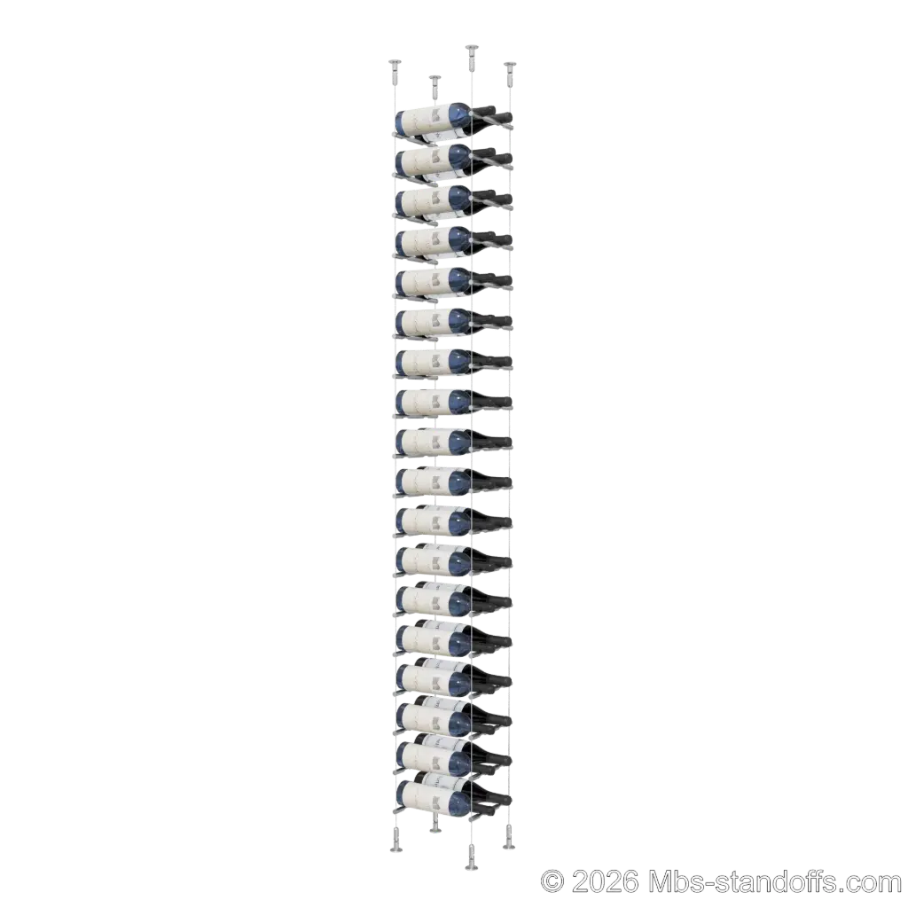 Merlot - Washington Collection Bottle Display Peg Kit, 36-Bottle (2x18) Capacity, Floating Cable System, Pegs: 1/2″ × 7-1/2" with Satin Brushed Finish