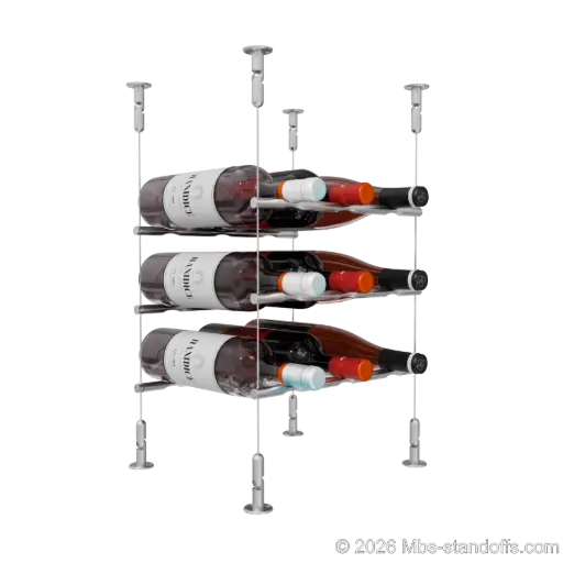 [CS15SS-PCW3050S-K3] Merlot - Washington Collection Bottle Display Peg Kit, 9-Bottle (3x3) Capacity, Floating Cable System, Pegs: 1/2″ × 11-1/2" with Satin Brushed Finish