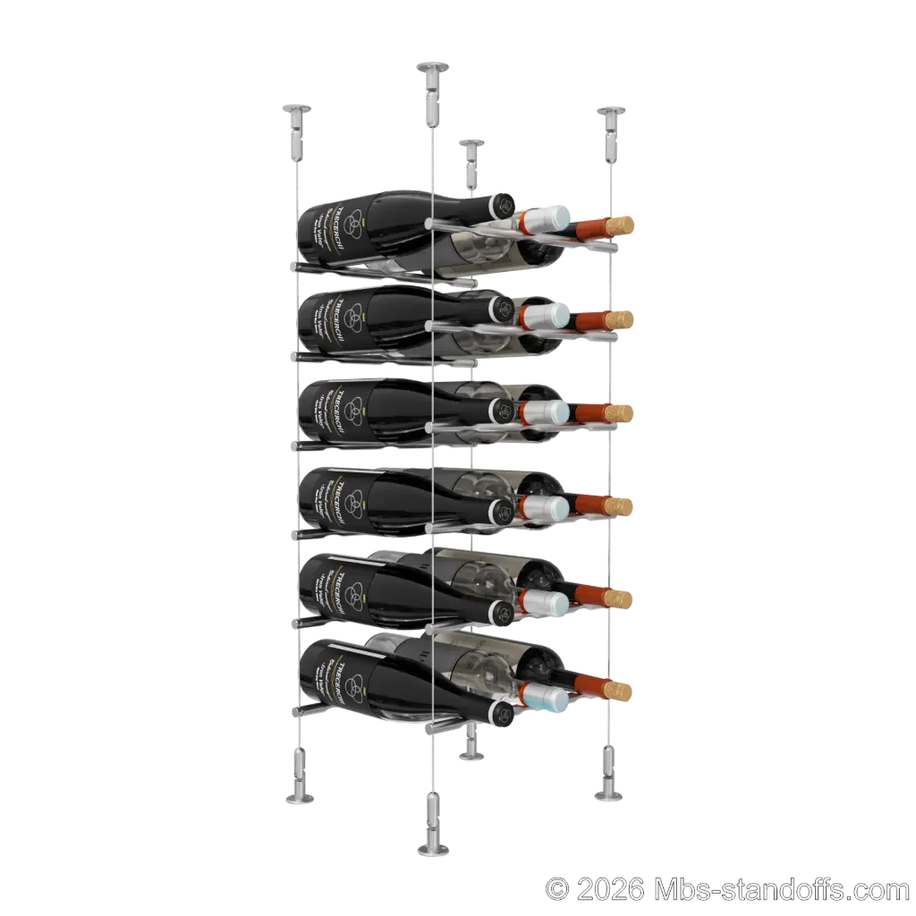 Merlot - Washington Collection Bottle Display Peg Kit, 18-Bottle (3x6) Capacity, Floating Cable System, Pegs: 1/2″ × 11-1/2" with Satin Brushed Finish
