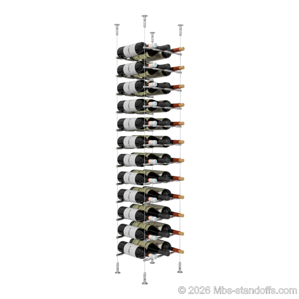 Merlot - Washington Collection Bottle Display Peg Kit, 36-Bottle (3x12) Capacity, Floating Cable System, Pegs: 1/2″ × 11-1/2" with Satin Brushed Finish